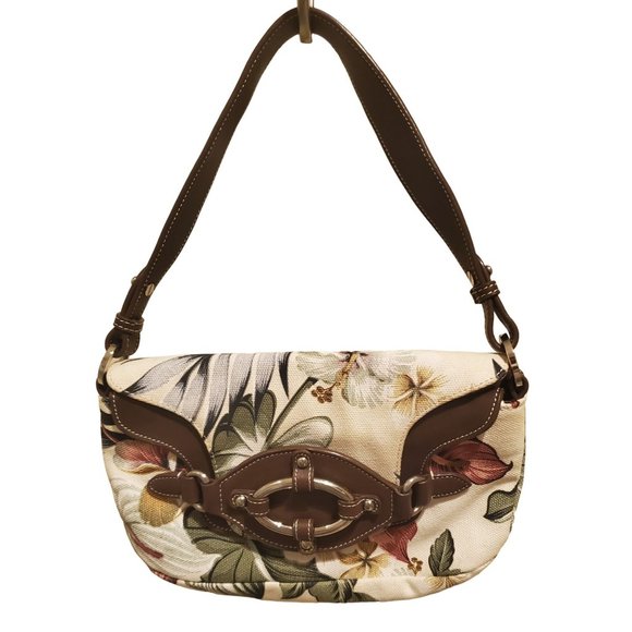 BCBGirls Shoulder Bag Purse Cream Hawaiian Floral Canvas DBL Flap Closure EUC - Picture 1 of 5